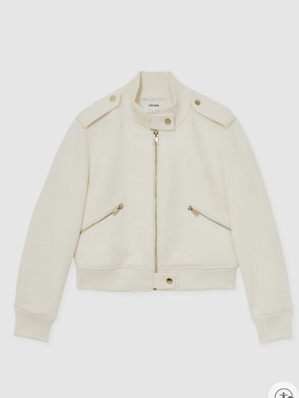 New. No Tag, Epaulette Bomber Jacket Cream with Gold Hardware, Brush Wool. - Picture 2 of 7